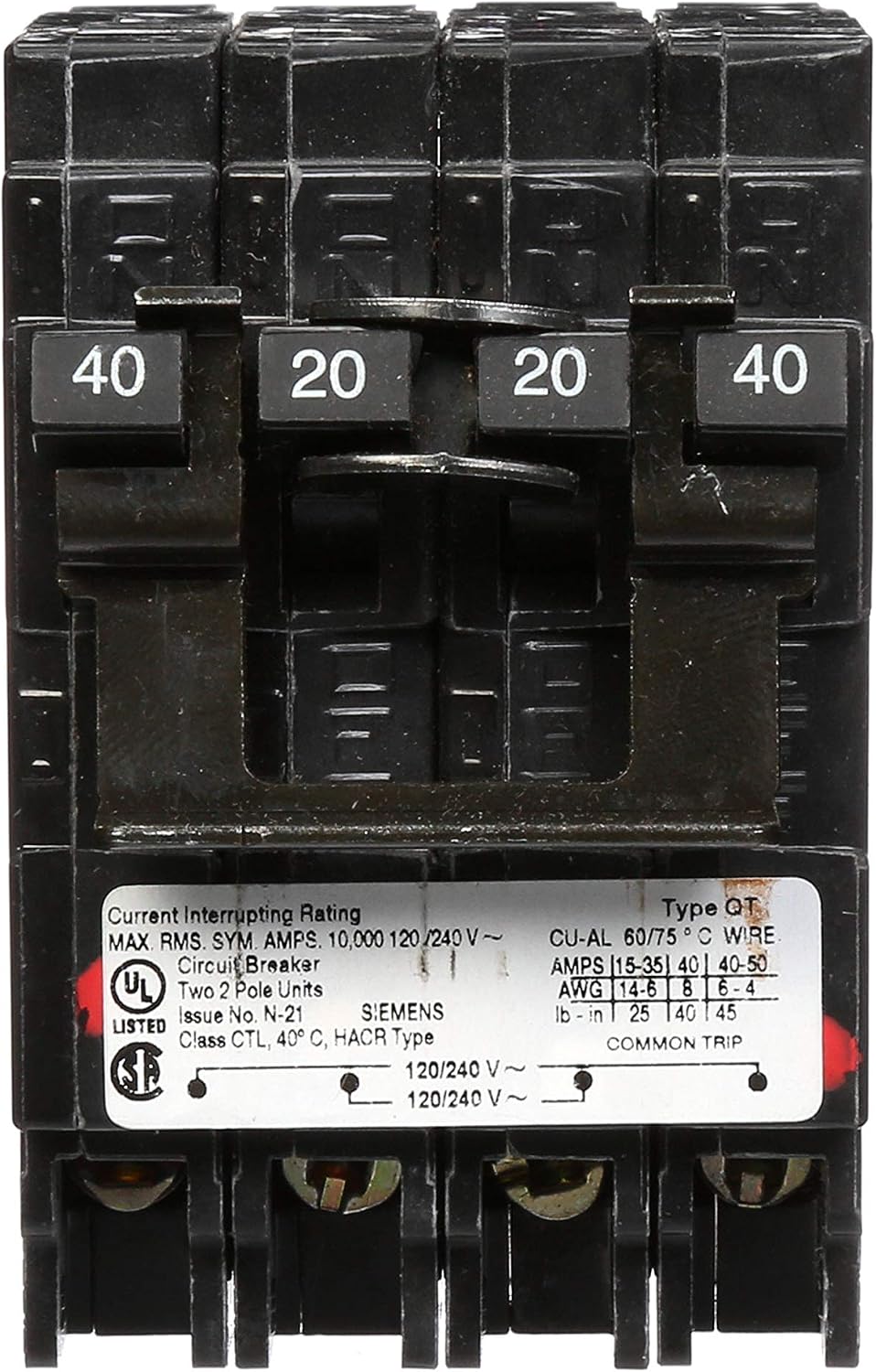 SIEMENS Q24020CT2 ONE 20-AMP ONE 40-AMP DOUBLE POLE CIRCUIT BREAKER