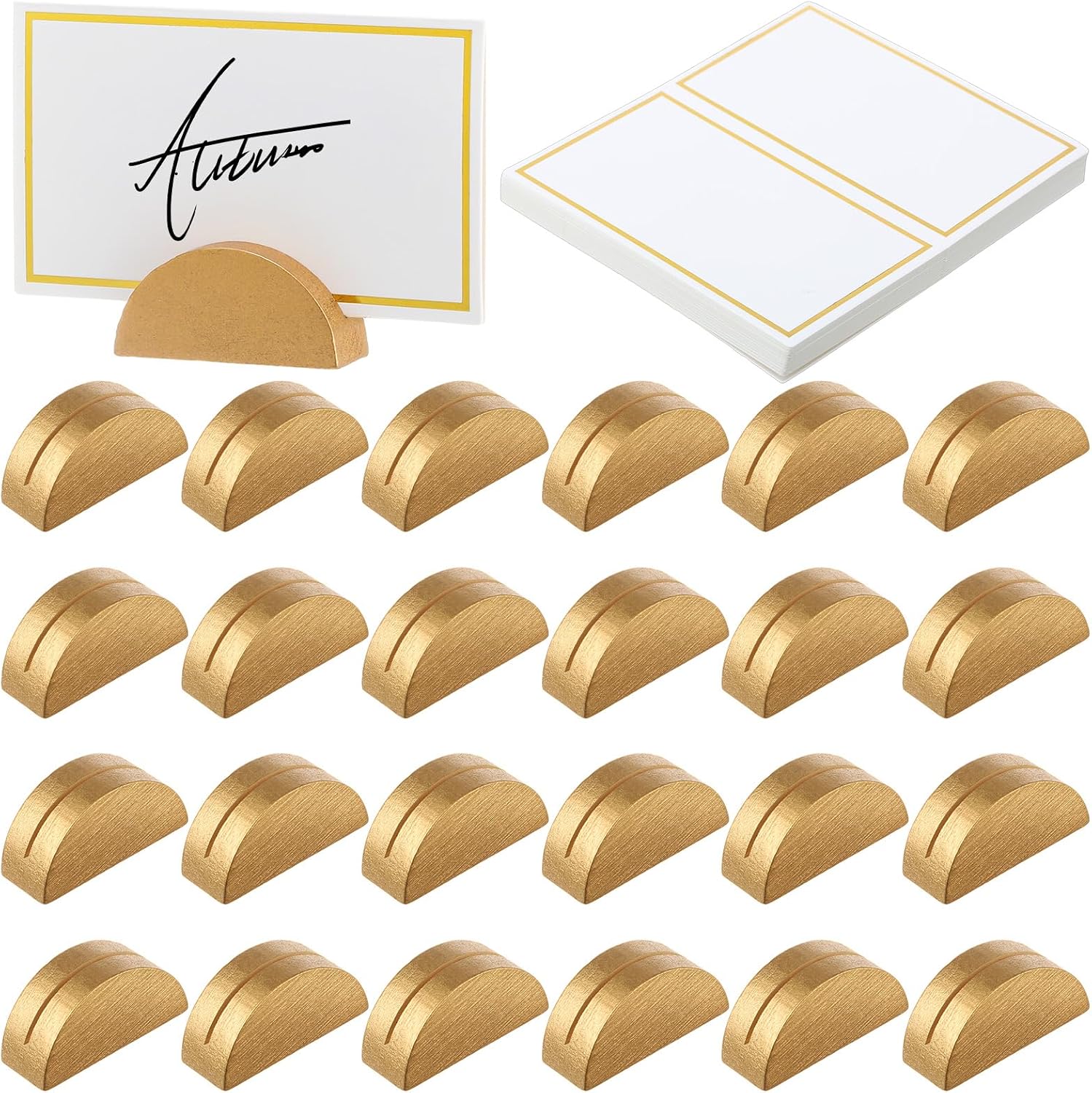 24 Pcs Wooden Table Number Stands with Tented Cards,Gold, White | Place Card Holders for Weddings, Semicircle Wood