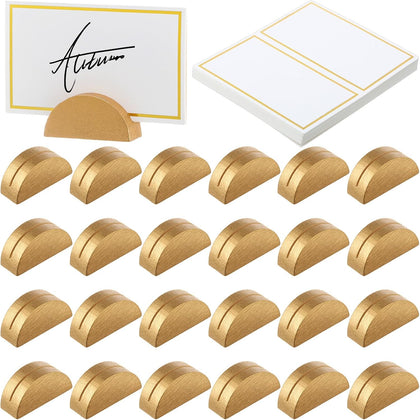 24 Pcs Wooden Table Number Stands with Tented Cards,Gold, White | Place Card Holders for Weddings, Semicircle Wood