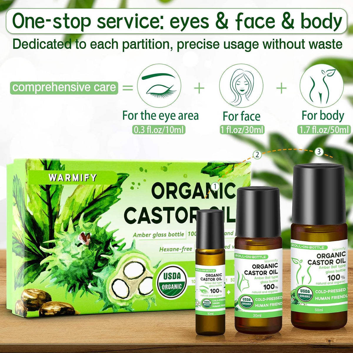 3-in-1 Castor Oil Roll on Certified Organic Cold Pressed Castor Oil