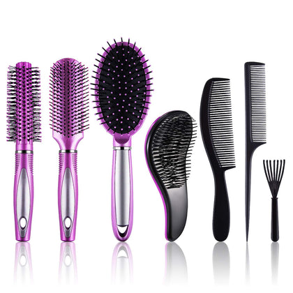 7 Pcs Hair Styling Set for Women and Men: Round Brush, Paddle Brush, Detangling and Wet/Dry Brushes | Including Round