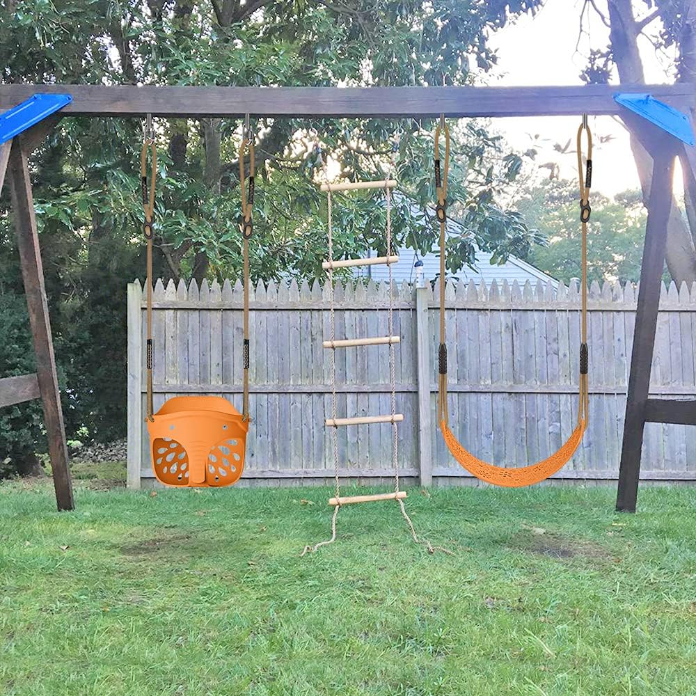 Toddler Swing Set Accessories, High Back Full Bucket Swing Seats with Adjustable Rope and 4 Locking Carabiners, Cute