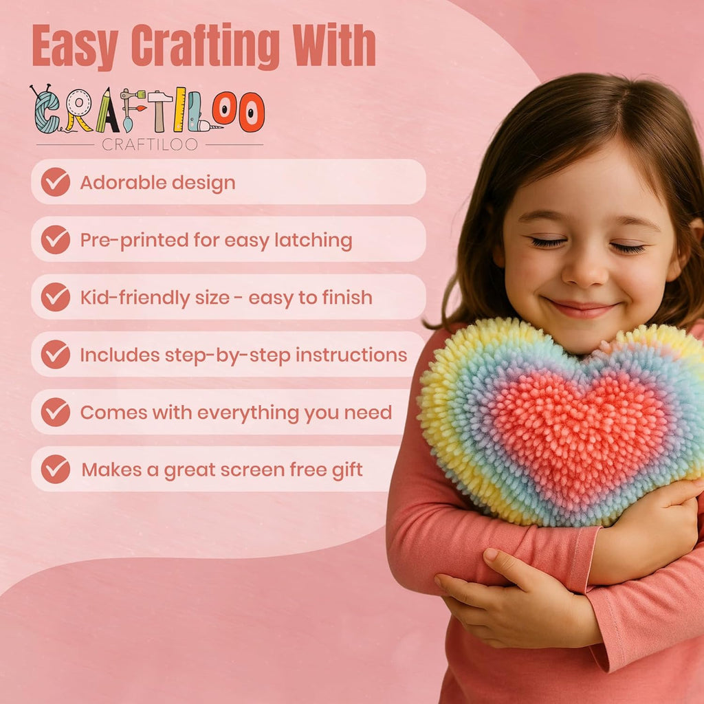 Latch Hook Kit for Kids - Rainbow Heart Rug Pillow Craft, Ages 6+