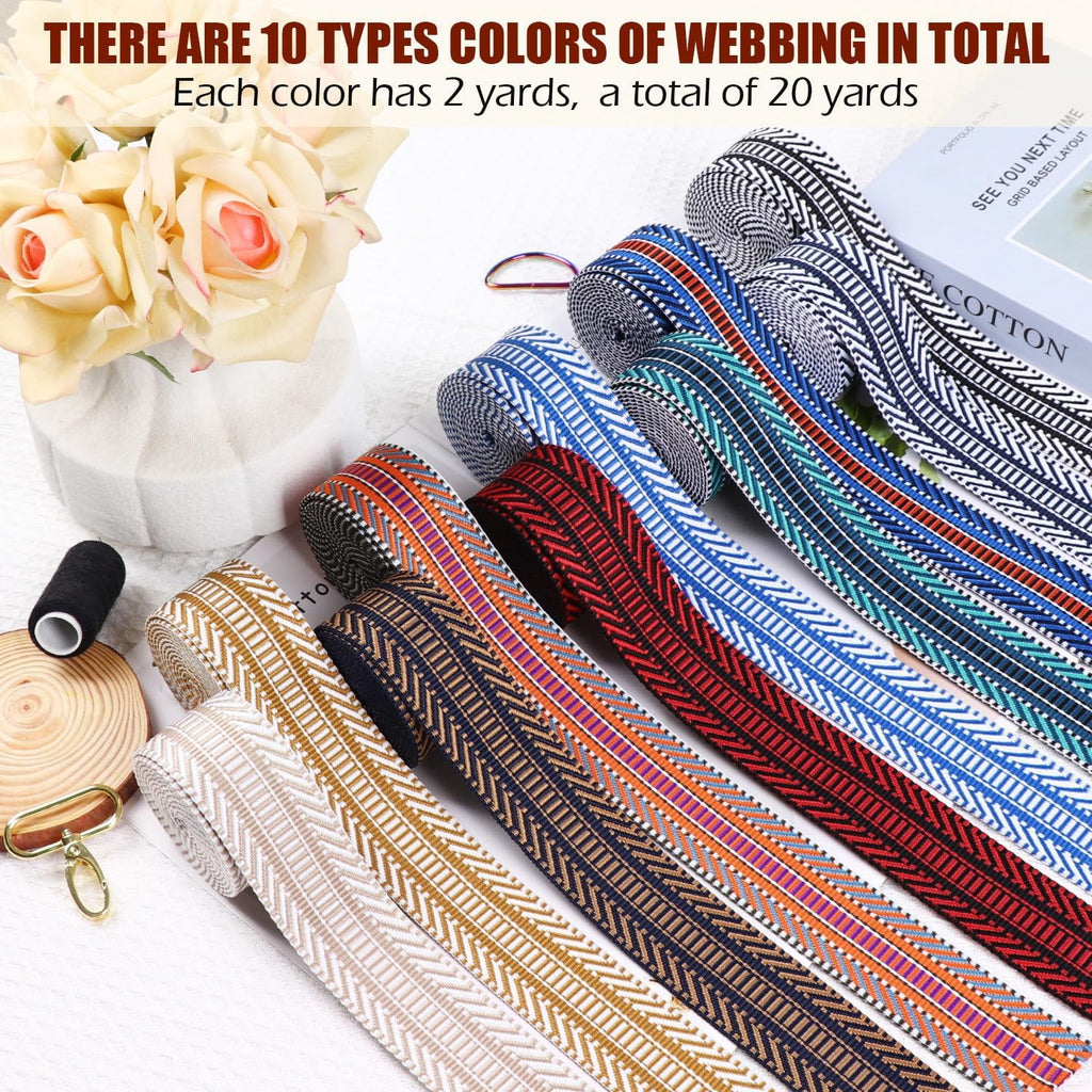 Webbing 1.5 Inch Jacquard Polyester Cotton Webbing 10 Rolls- 1 1/2 inch Nylon Webbing for Bag Straps-1.5" Strapping