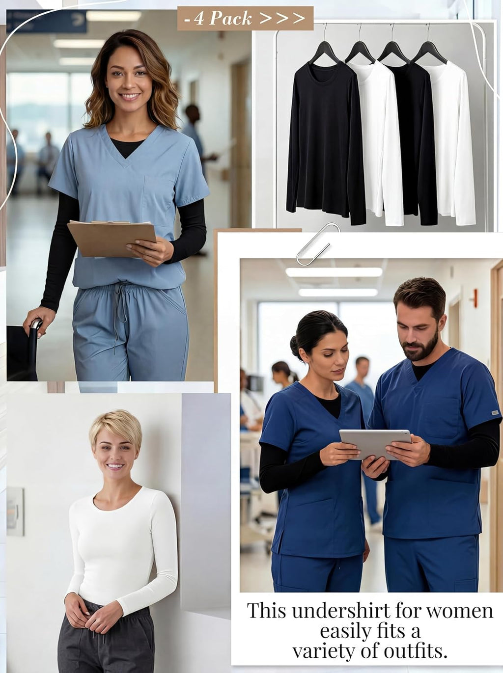 4-Pack Women's Long Sleeve Underscrub Base Layer Tops for Nurses