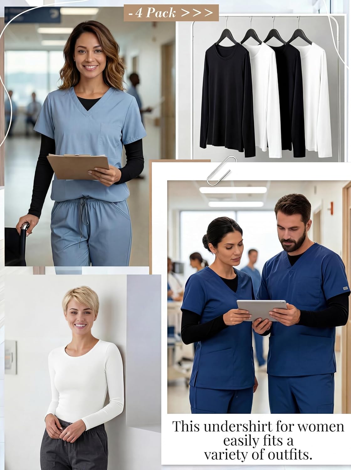 4-Pack Women's Long Sleeve Underscrub Base Layer Tops for Nurses