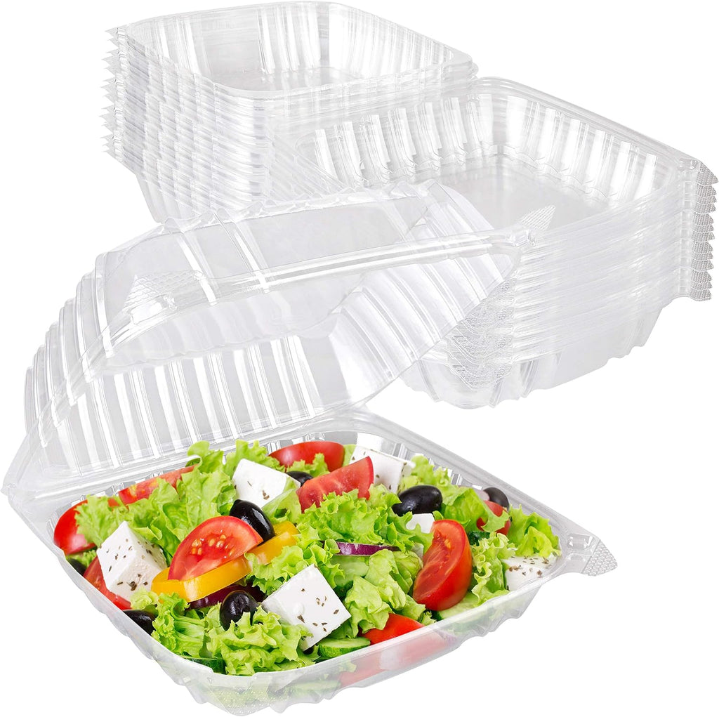 Plastic 8 x 8 Inch Clamshell Takeout Tray (25 Count) – Disposable Hinged Containers for Dessert, Salads, Pasta
