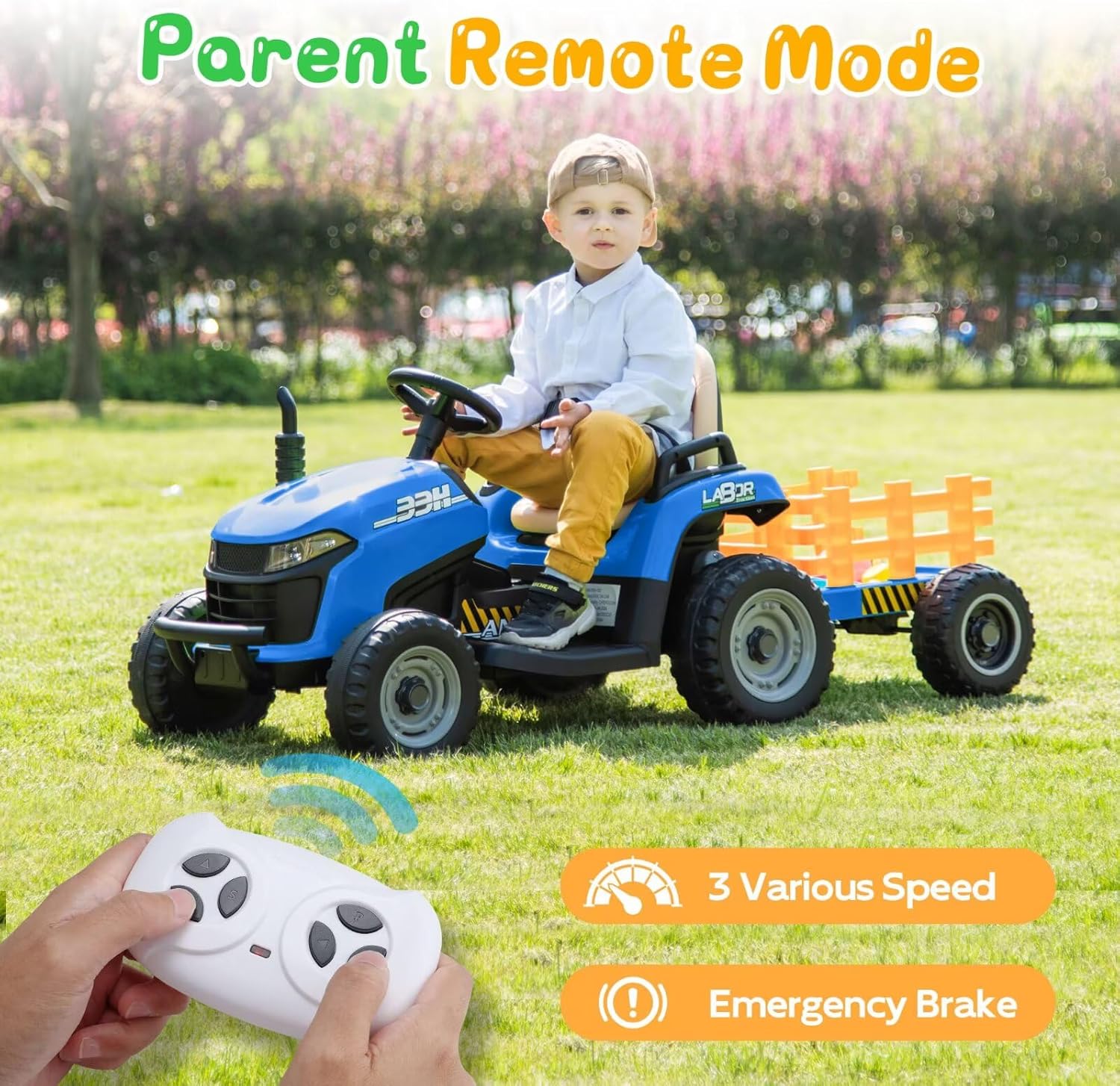 24V Ride On Tractor w/Tiltable & Detachable Trailer, EVA Tires, Up to 4.3Mph, Ride On Toys with Parental Remote