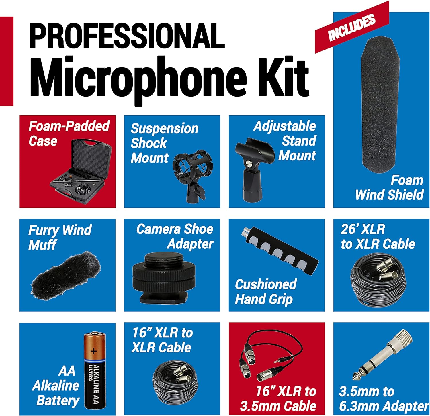 XM-55 13-Piece Professional Video & Broadcast Unidirectional Condenser Shotgun Microphone Kit - Complete Set Includes