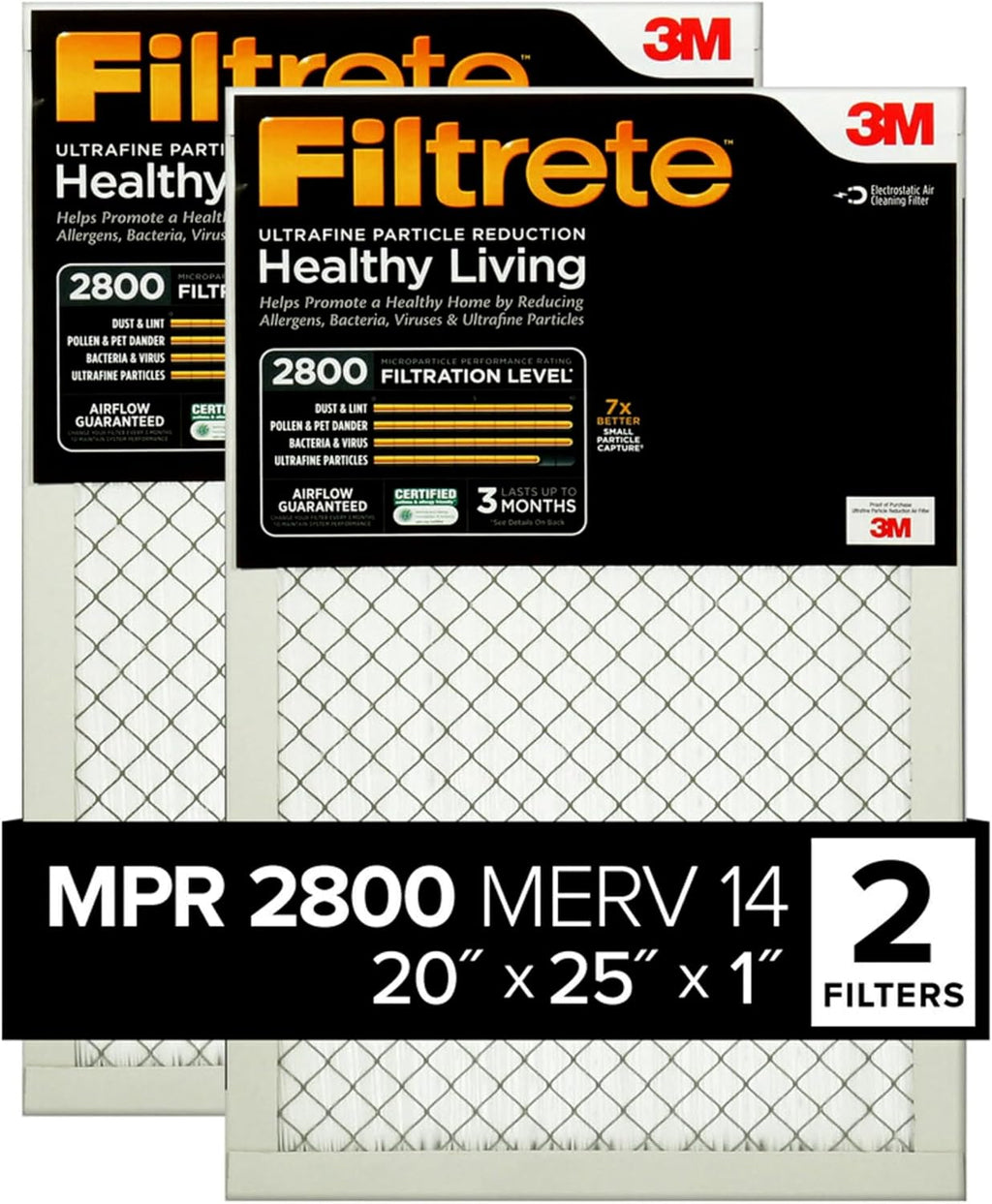 20x25x1 Air Filter MERV 14, MPR 2800 Healthy Living Ultrafine Particle 2-Pack, AC Furnace HVAC Filters for Home