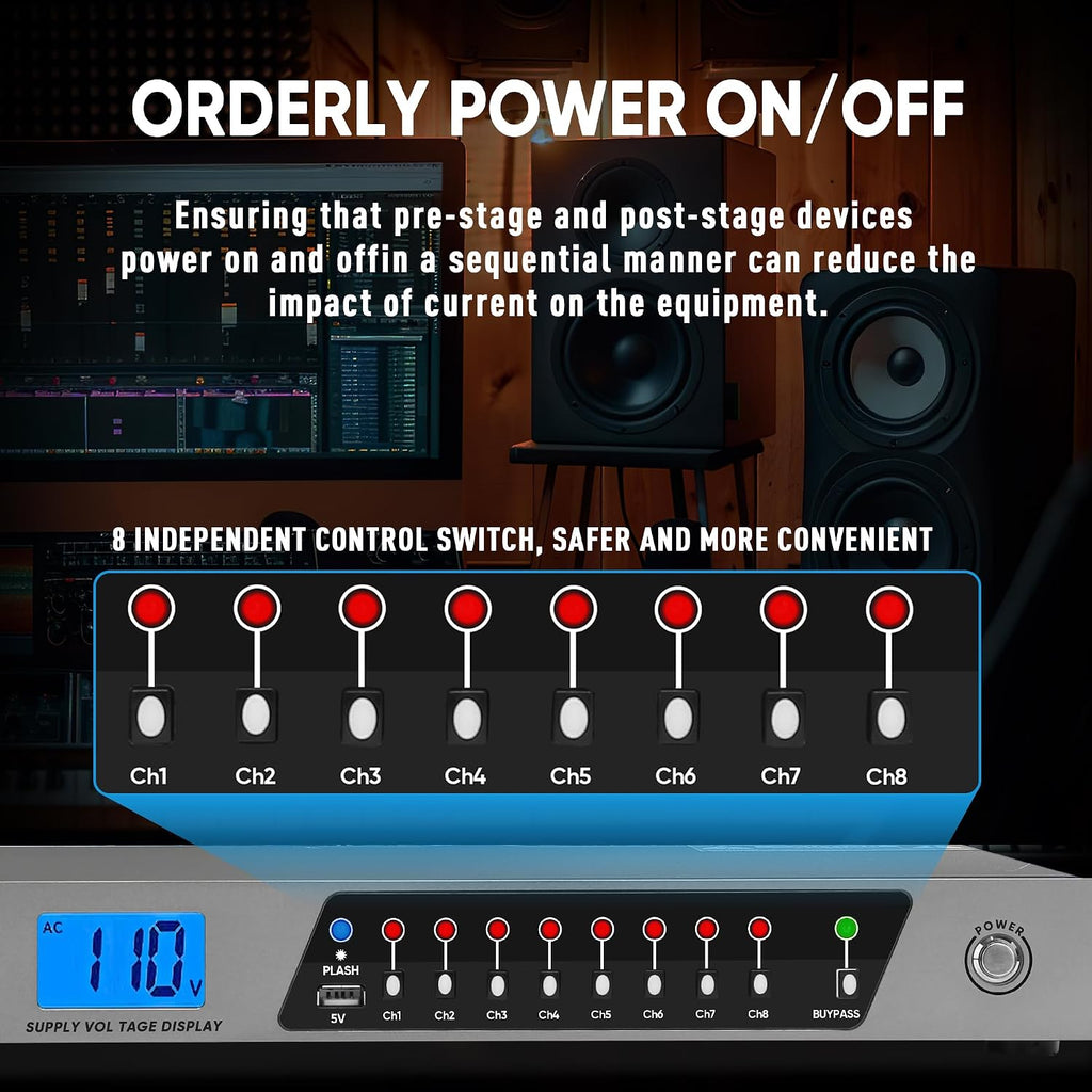 Power Conditioner, 20 Amps 10 Outlet Rack Mount Power Sequencer for Audio Equipment, 2000w Power Supply with 8