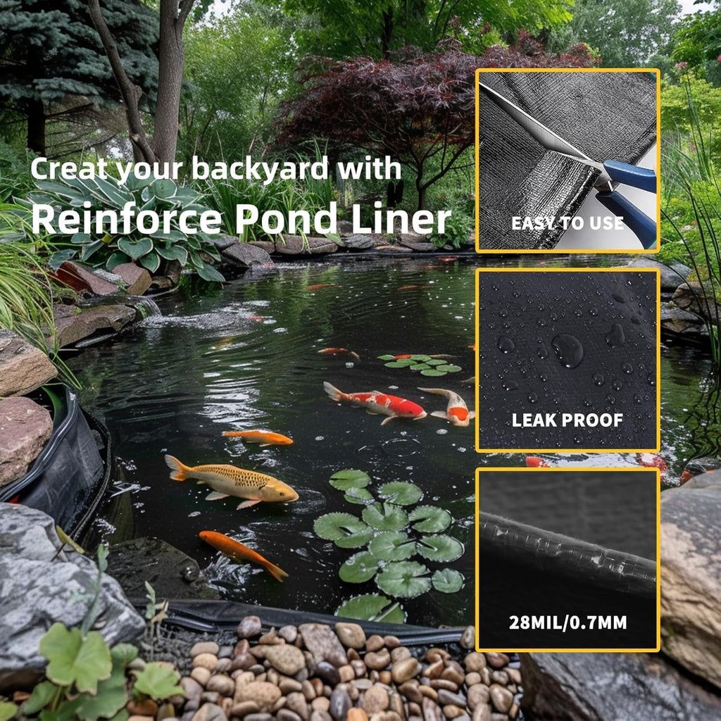 Pond Liner,15x20Ft Pond Liners for Outdoor,28Mil PE Black Koi Fish Pond Liner,Reinforced Pond Underlayment for Water