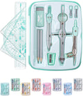 Geometry Set, 13 pcs, 3 Metal Compasses, Protractor, 6" Ruler | 45° & 30°/60° Set Squares, Pencils, Lead Refills