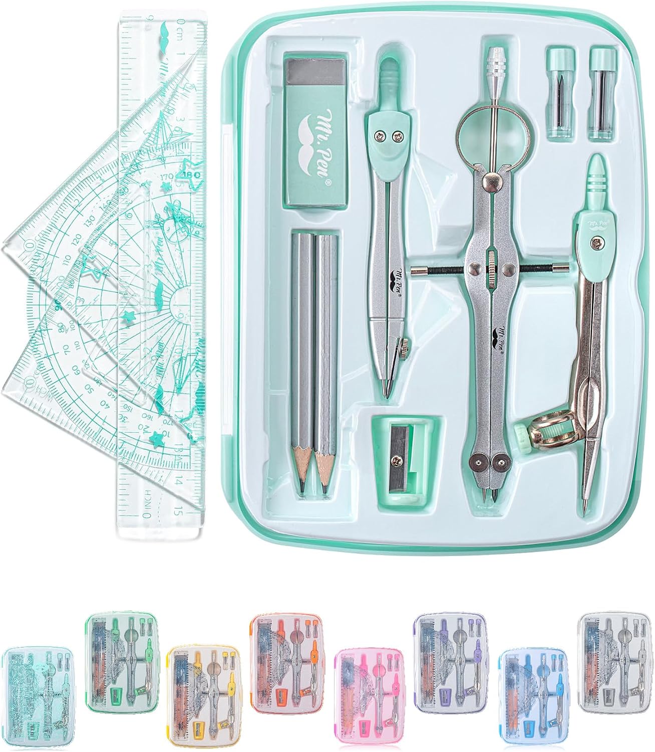 Geometry Set, 13 pcs, 3 Metal Compasses, Protractor, 6" Ruler | 45° & 30°/60° Set Squares, Pencils, Lead Refills