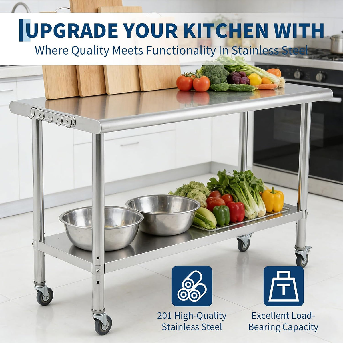 Stainless Steel Prep Table 48"x24"x35" Rolling Work Table BBQ