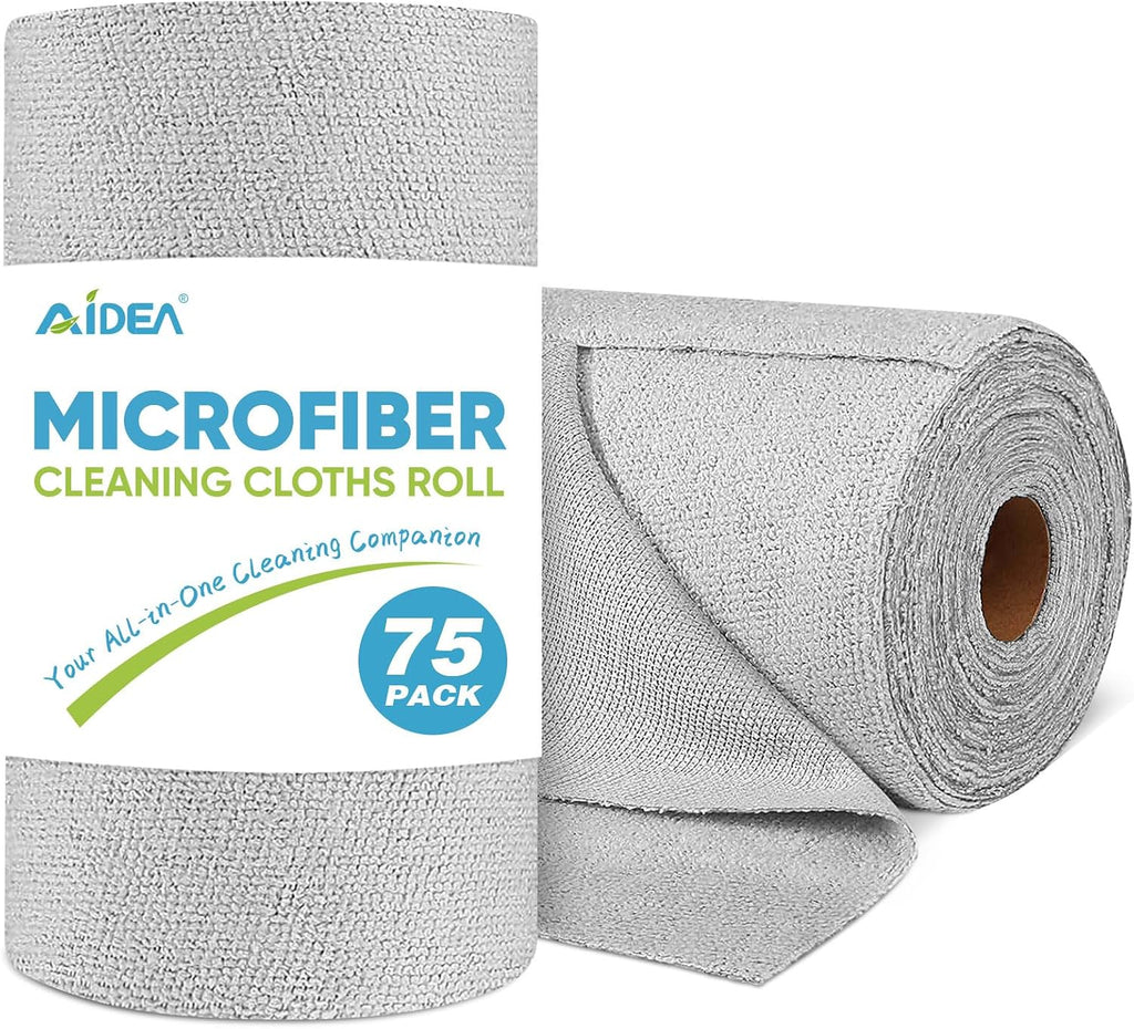 Microfiber Cleaning Cloth Roll, Grey 75PK, Reusable Paper Towels Tear Away Cloth, Microfiber Towels for Cars, Wash
