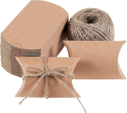 Pillow Boxes, 50-Pack Pillow Gift Boxes with Twine Rope, Kraft Mini Favor Boxes, 3.5 x 2.5 x 1 Inches