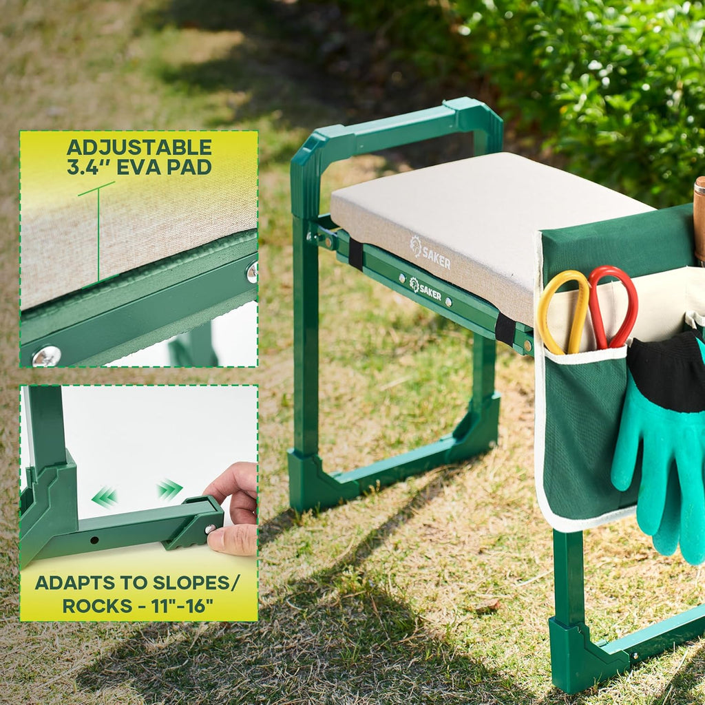 Garden Kneeler and Seat Foldable Gardening Stool with Extendable Legs & Thickened Pad, Tool/Storage Bag, Heavy Duty