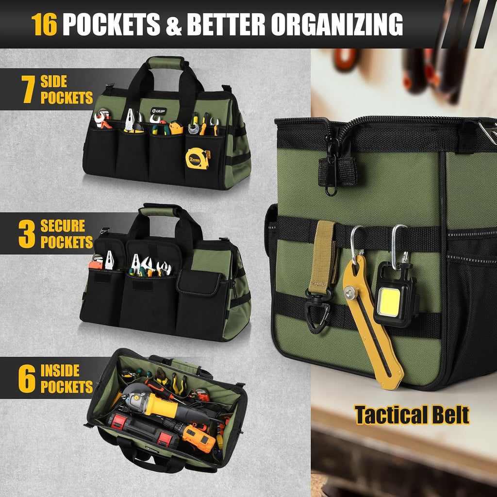 18-Inch Large Tool Bag, 16-Pocket Portable Tool Box Organizer Storage, Heavy Duty Tactical Toolbag with Big Zipper