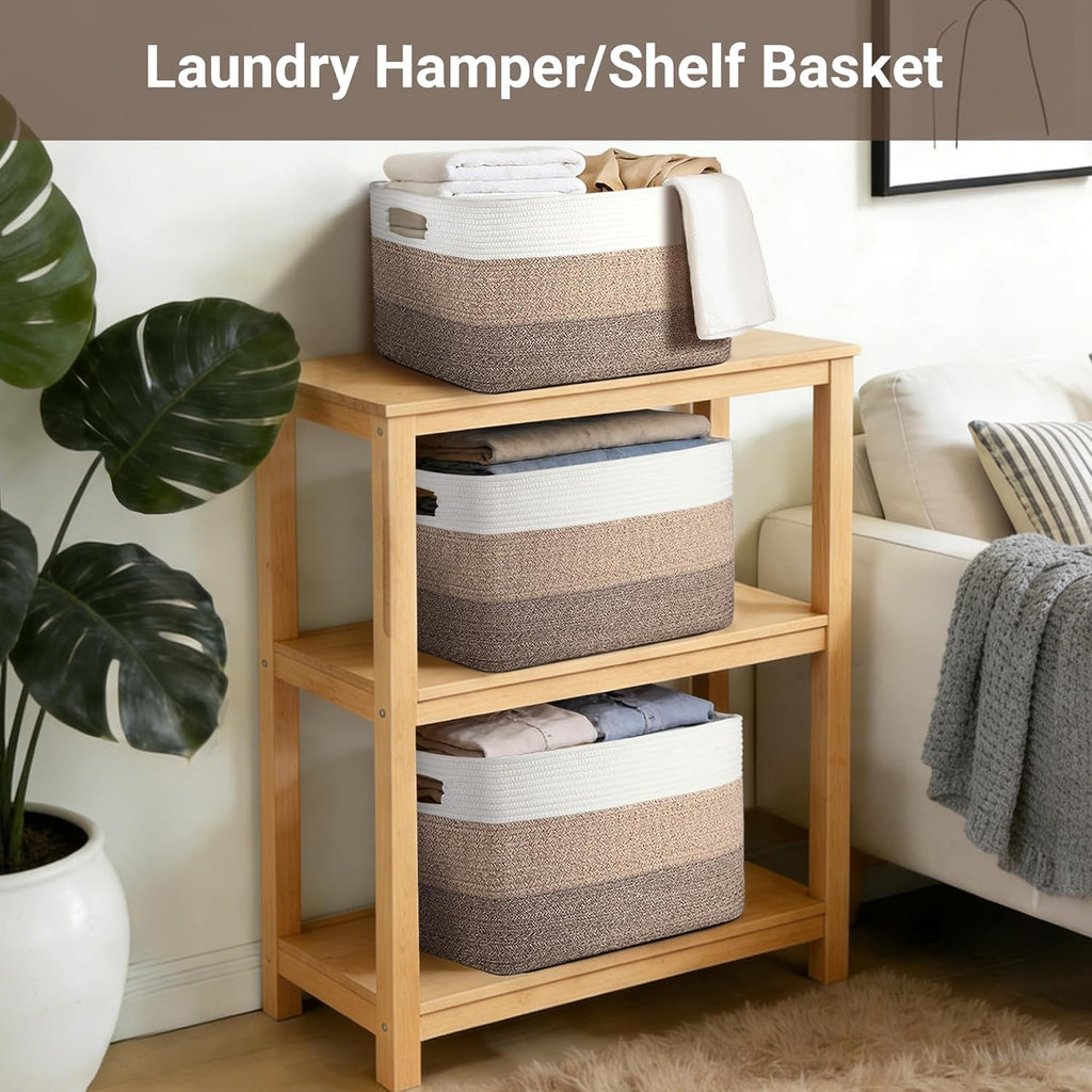 75L Large Woven Storage Basket, Cotton Rope Laundry Hamper with Handles, 22”x17”x12” Rectangle Blanket Basket for