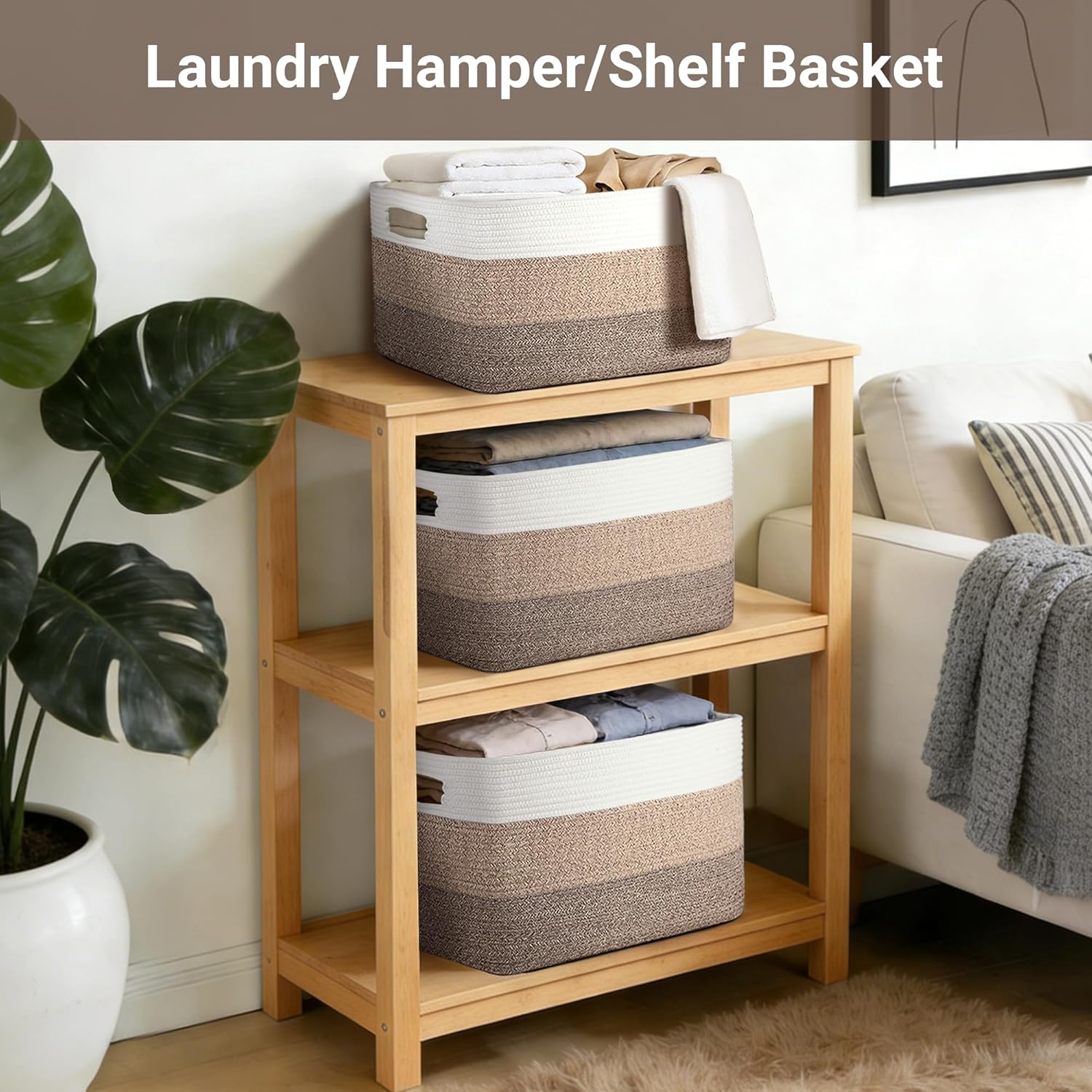 75L Large Woven Storage Basket, Cotton Rope Laundry Hamper with Handles, 22”x17”x12” Rectangle Blanket Basket for
