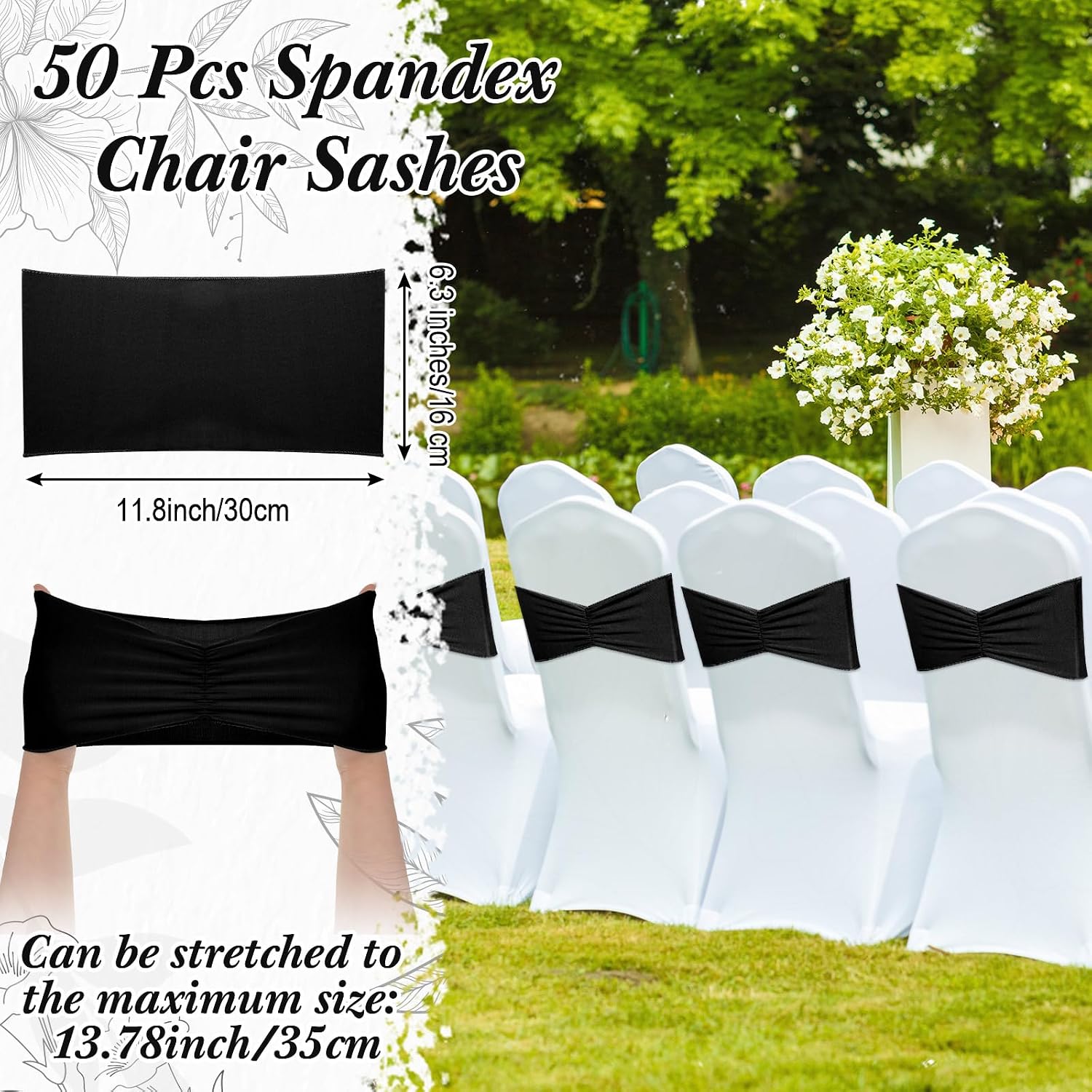 50 Pcs Spandex Chair Sashes Bows Stretch Chair Bands, Black