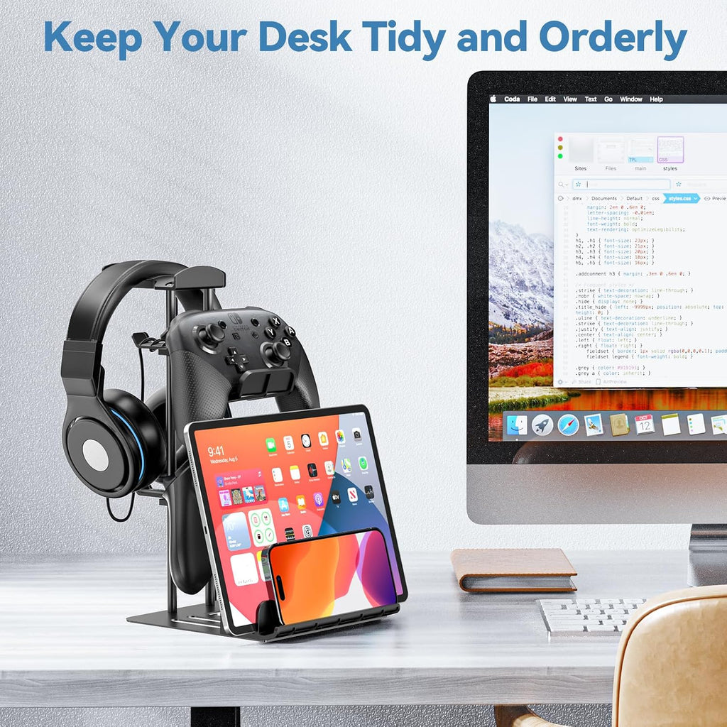 Headphone Stand, Controller Holder & Headset Holder for Desk, Earphone Stand with Aluminum Supporting Bar, Universal