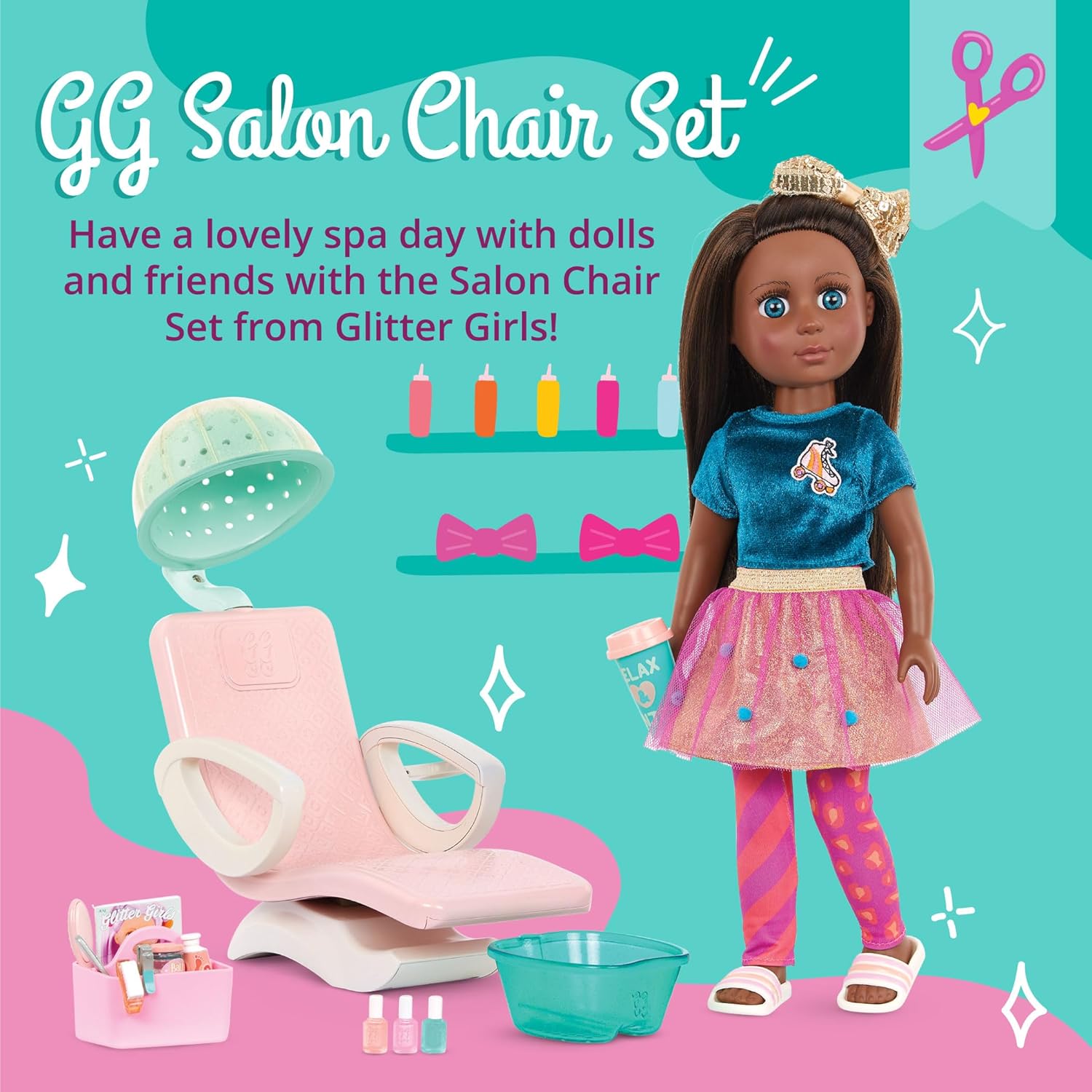 – 14-Inch Doll Accessories – Salon Chair & Styling Playset – Hooded Hair Dryer, Foot Bath, Pretend Nail Polish – 3+