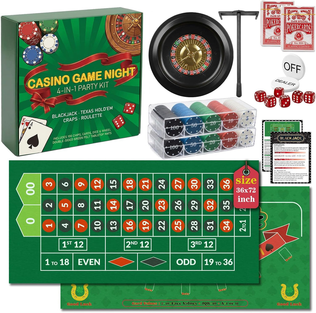 Casino Night 4-in-1 Complete Game Set with 2 Double-Sided Felt Layout Mats (36"x72"), 10" Roulette Wheel, 200 Chips