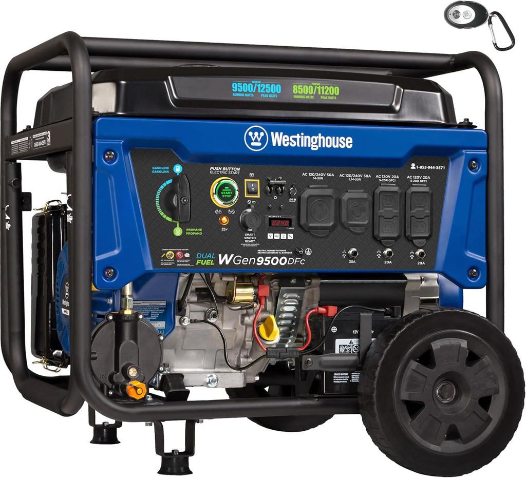 12500 Peak Watt Dual Fuel Home Backup Portable Generator, Remote Electric Start, Transfer Switch Ready, Gas and