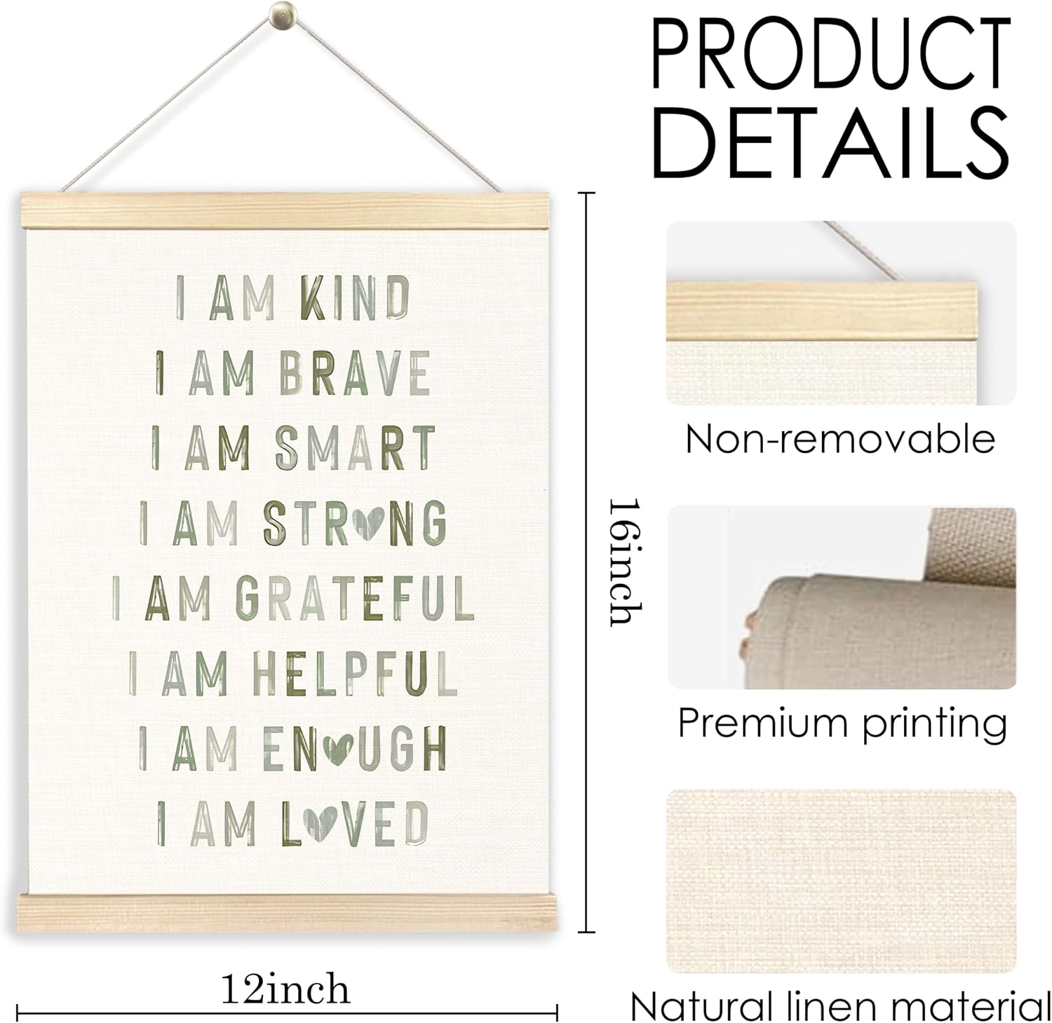 Boho Sage Green Positive Affirmations Wall Art Posters, Boho Nursery Decor Boy Girl, I Am Kind Brave Smart Canvas