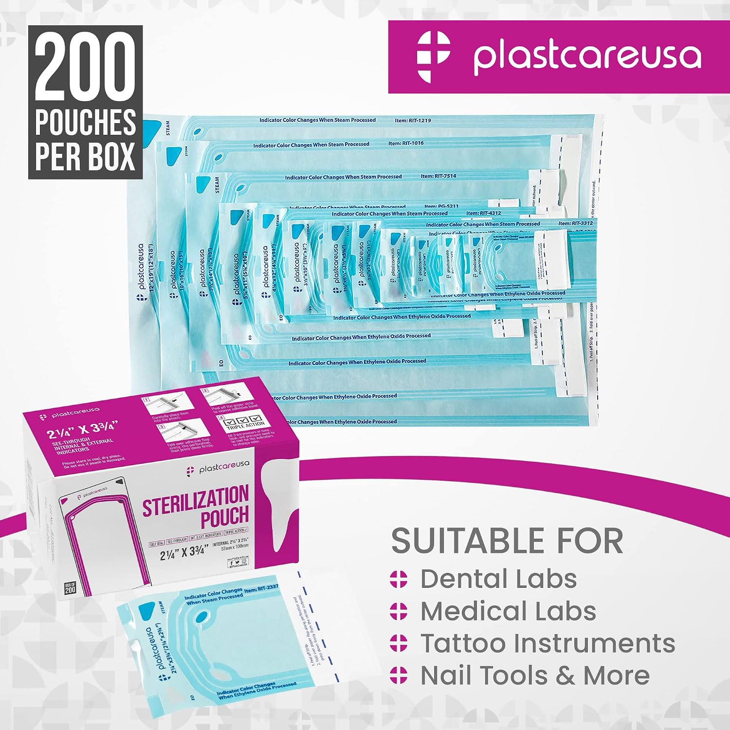 200 2.25 x 2.75 Inch Self Sealing Sterilization Autoclave Pouch Bags with Indicators, 1 Box of 200