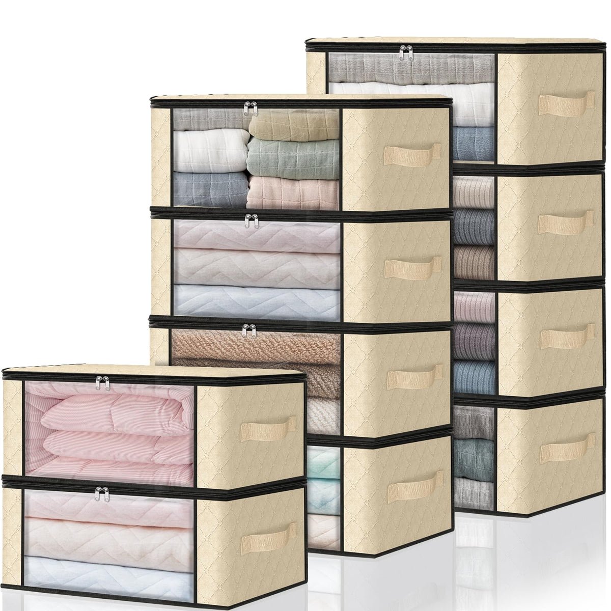 10-Pack Clothes Organizer Storage Bags, 35L Storage Bins, Beige