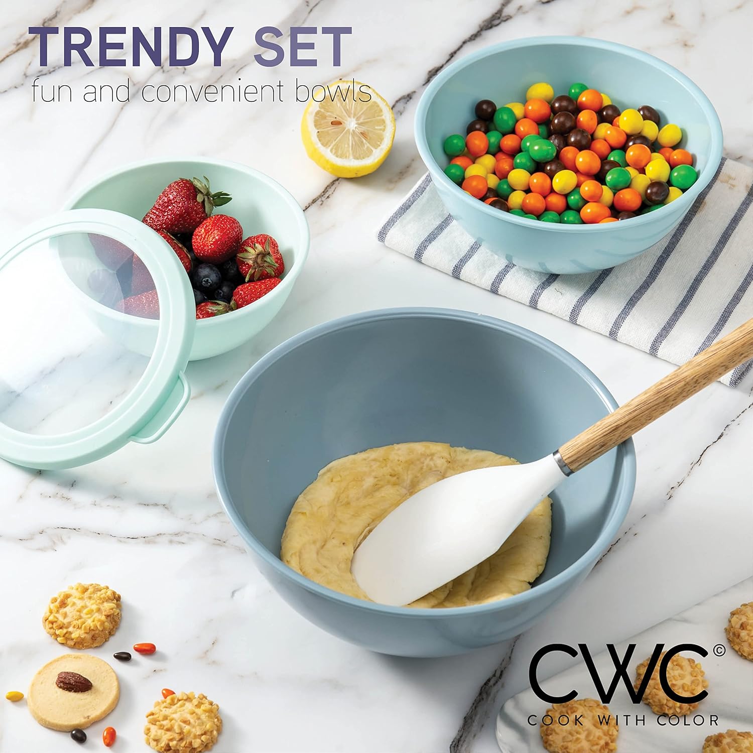 Mixing Bowls with TPR Lids - 12 Piece Plastic Nesting Bowls Set includes 6 Prep Bowls and 6 Lids, Microwave Safe (Blue)