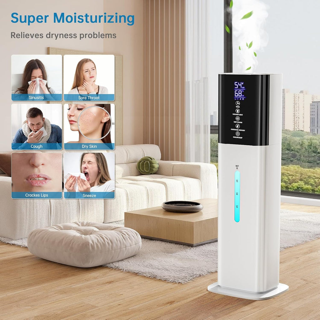 Humidifier Large Room Bedroom, 8L/2.1Gal Top Fill Cool Mist Humidifiers with Humidistat, 3-Speeds, 48H Runtime, Quiet