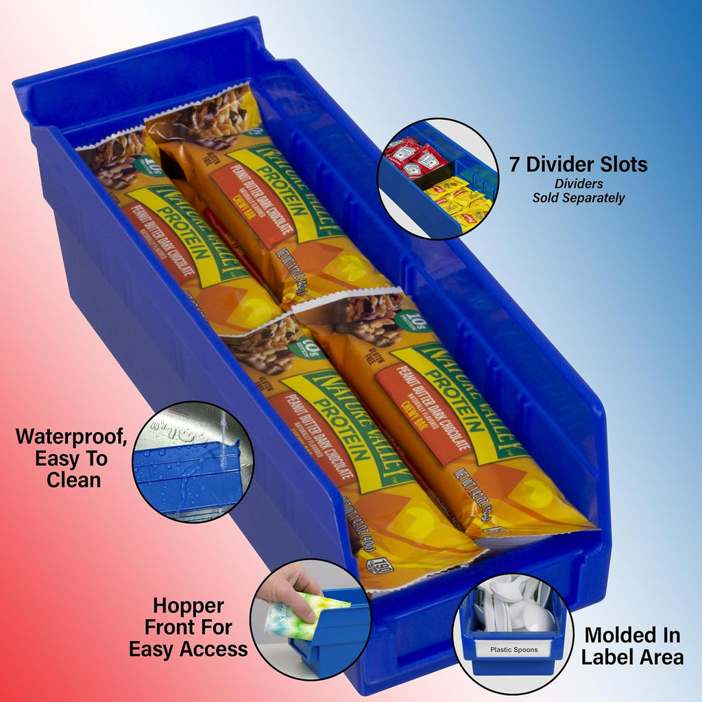 Heavy Duty Plastic Shelf Bins, 12"x 4"x 4", Blue, 24-Pack