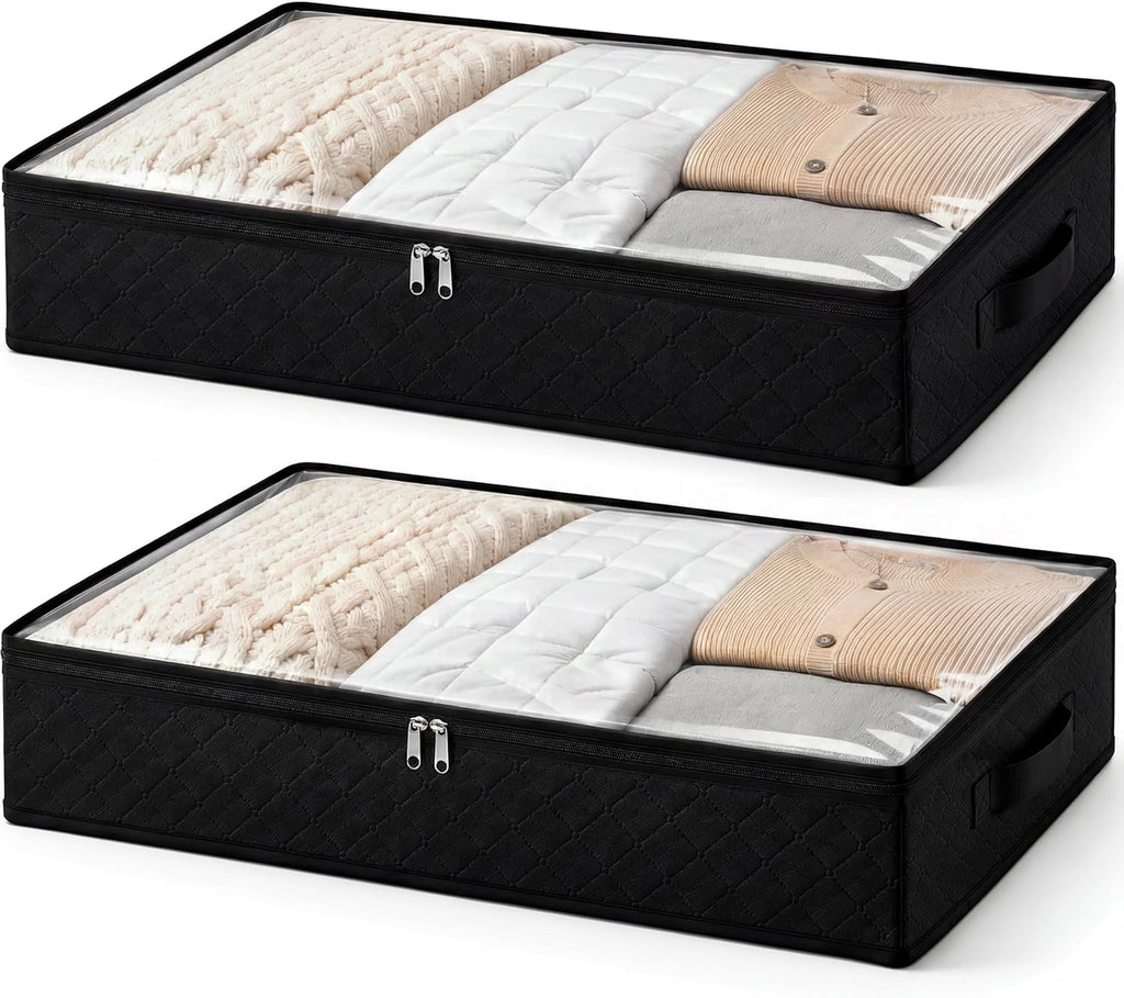 Black Underbed Storage Bags with Clear Window and 2 Reinforced Handles Under Bed Storage Containers for Clothing