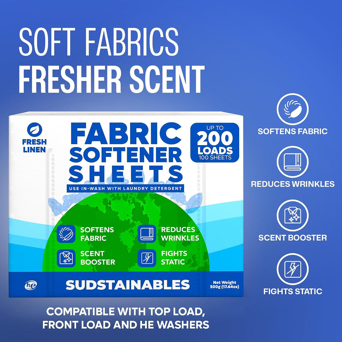 Fabric Softener Sheets for Washer, Fresh Linen, 200 Loads