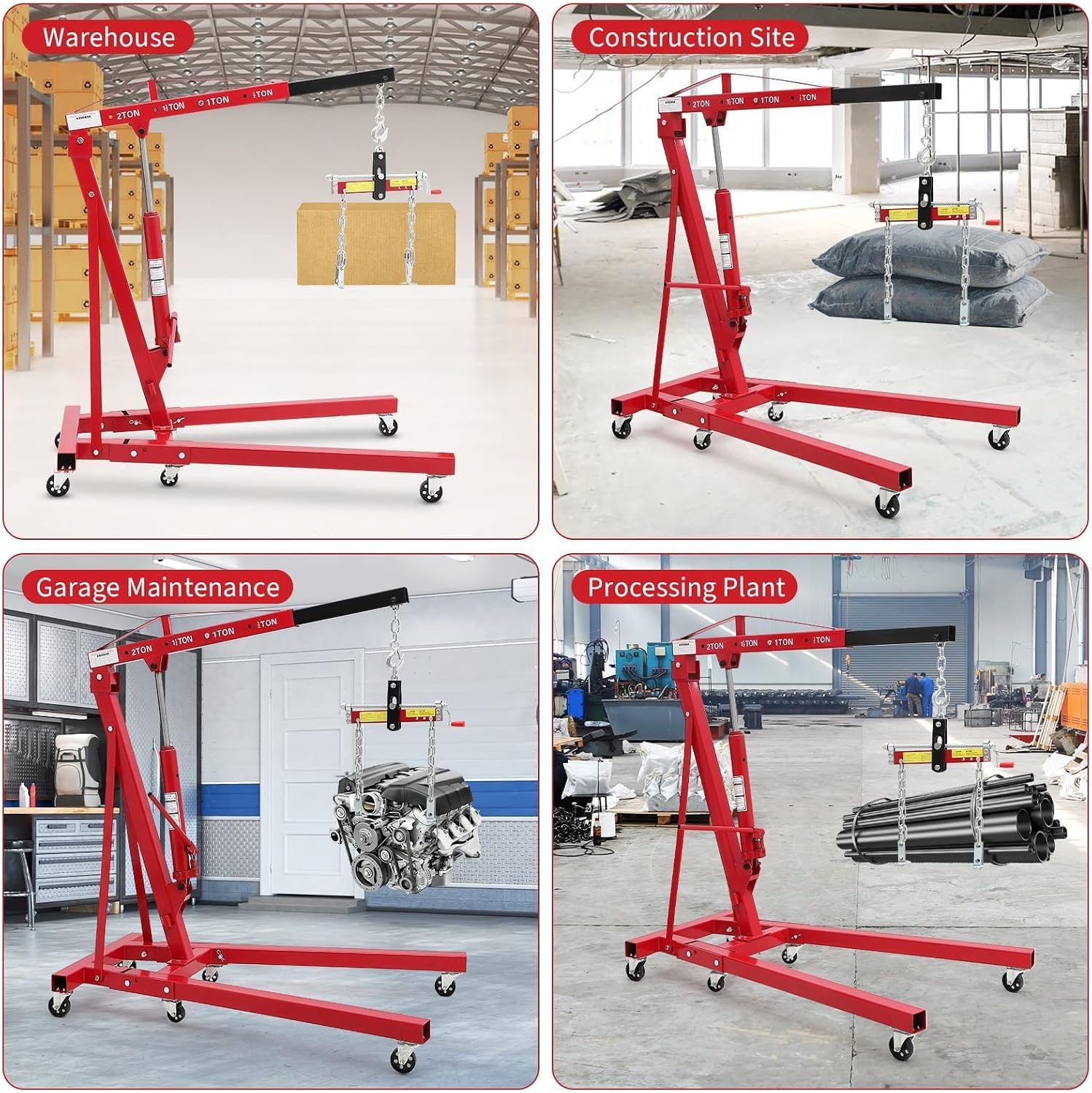 Red 2 Ton Folding Engine Hoist, 4400 Lbs Heavy Duty Cherry Picker with Leveler, Shop Crane with 6 Swivel Casters