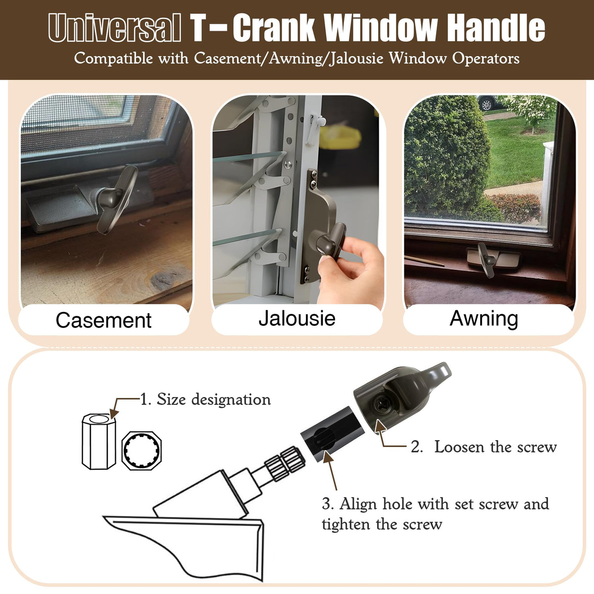 8 Pack Universal Tee Crank Casement Window Handles, Satin Bronze