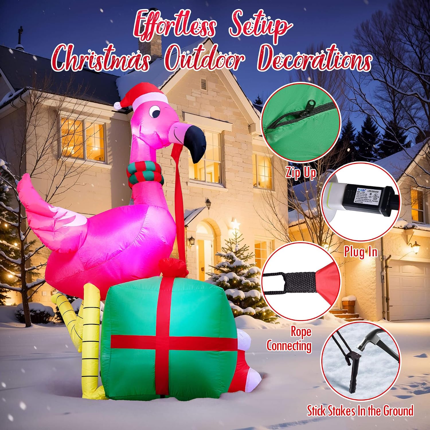 Christmas Inflatables Outdoor Decorations - 6FT Christmas Blow Up Flamingo LED Lights with Gift Box & Christmas