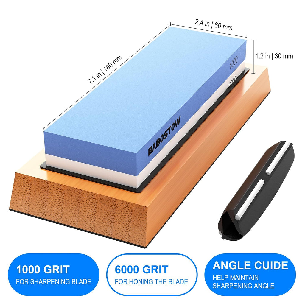 Knife Sharpening Stone 1000/6000 Grit with Base & Angle Guide | Dual Premium Whetstone with NonSlip Bamboo Base