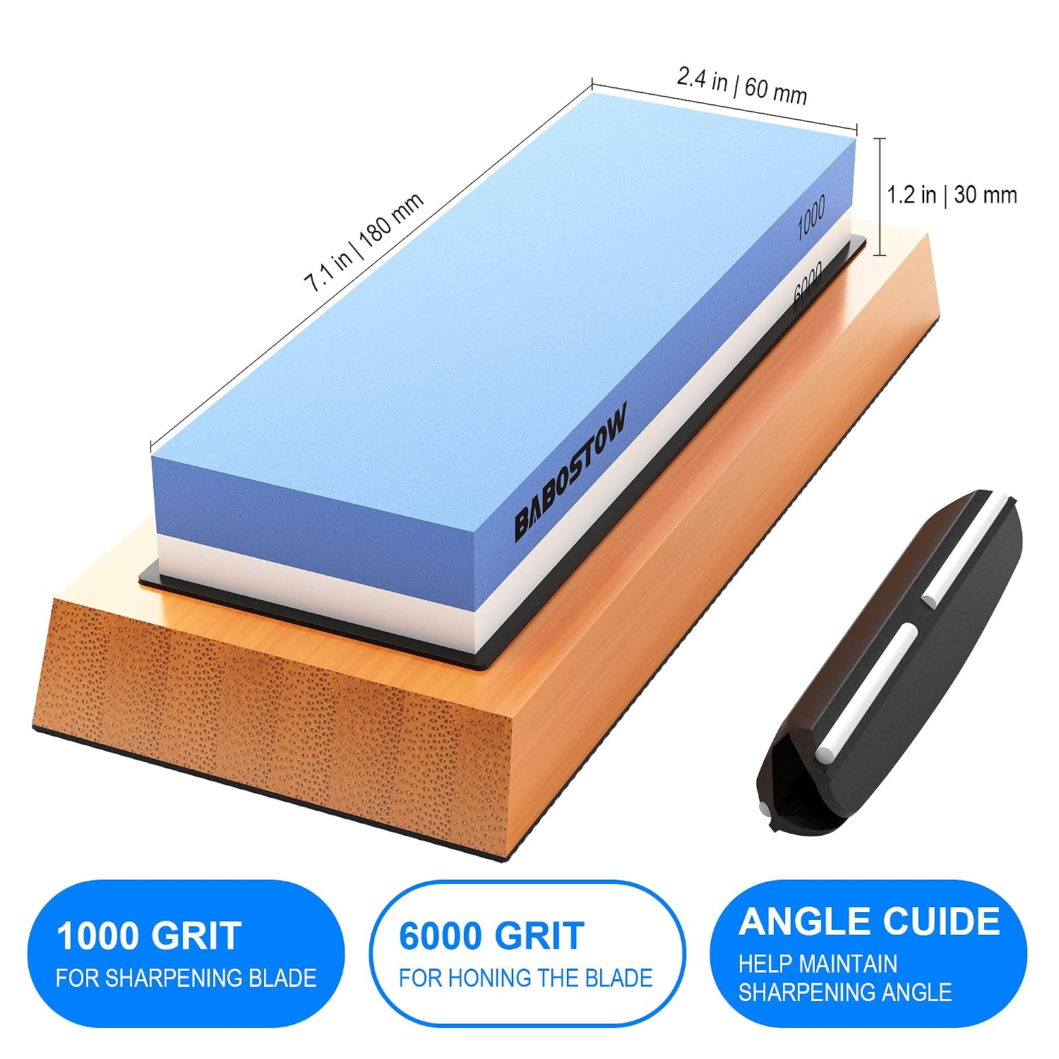 Knife Sharpening Stone 1000/6000 Grit with Base & Angle Guide | Dual Premium Whetstone with NonSlip Bamboo Base