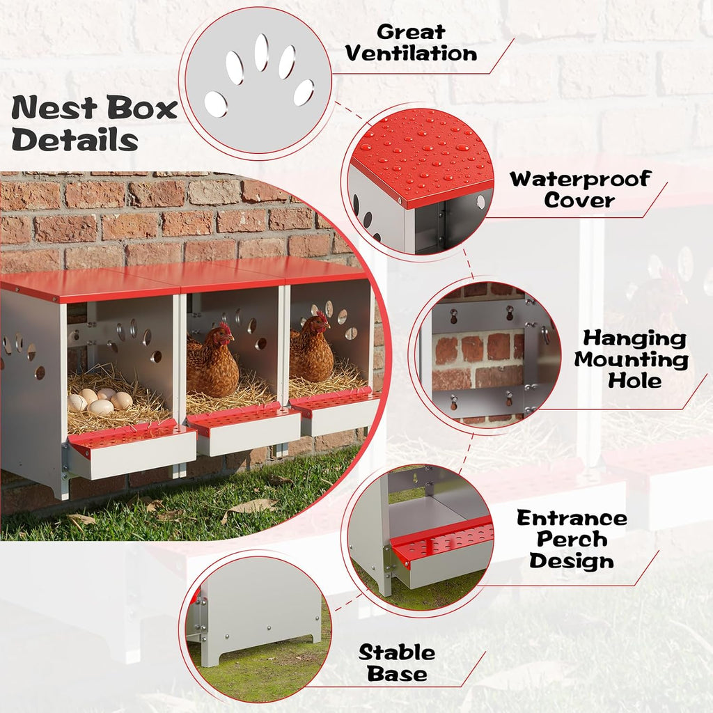 Chicken Nesting Boxes 3 Hole, Large Metal Hen Laying Box with Swing Perch
