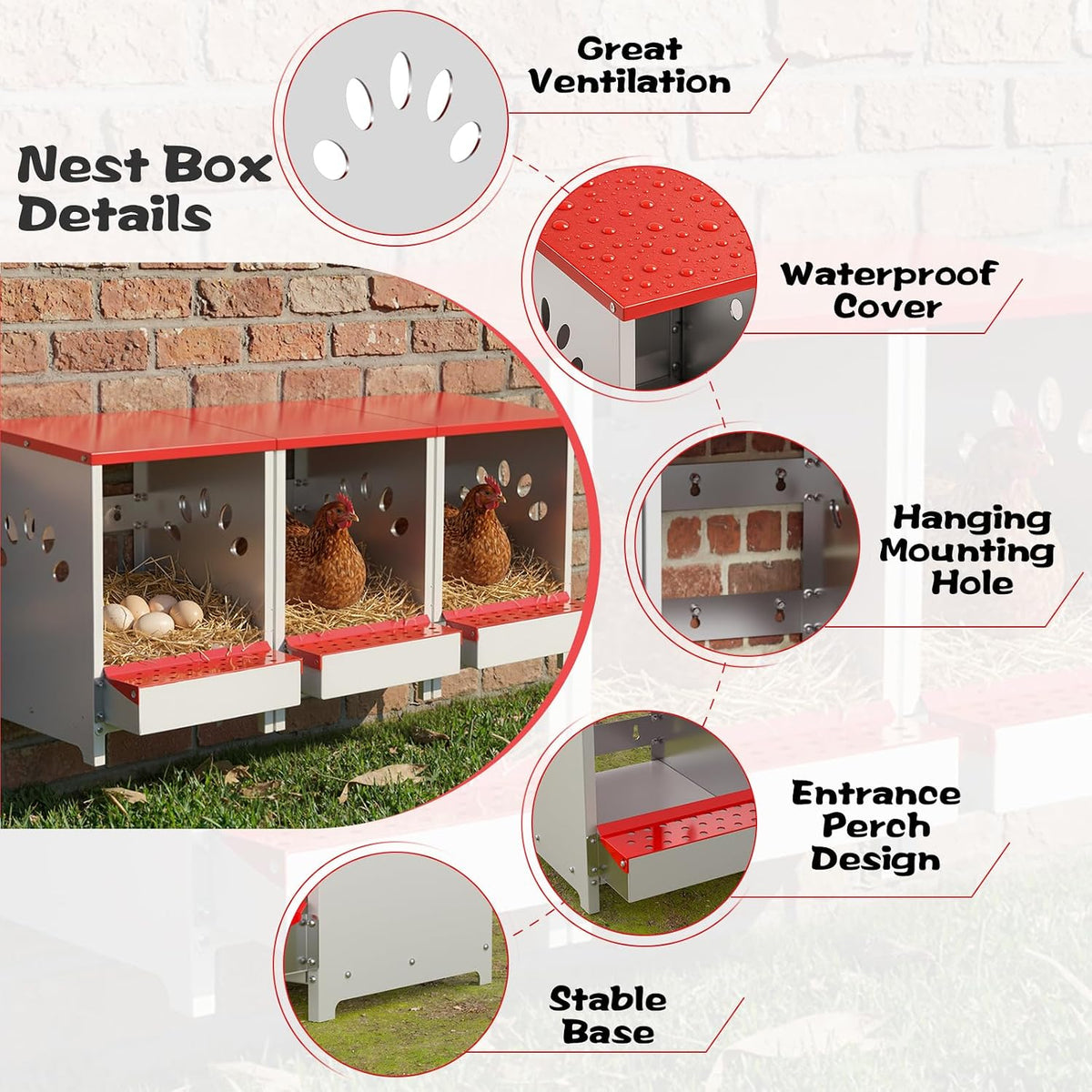 Chicken Nesting Boxes 3 Hole, Large Metal Hen Laying Box with Swing Perch