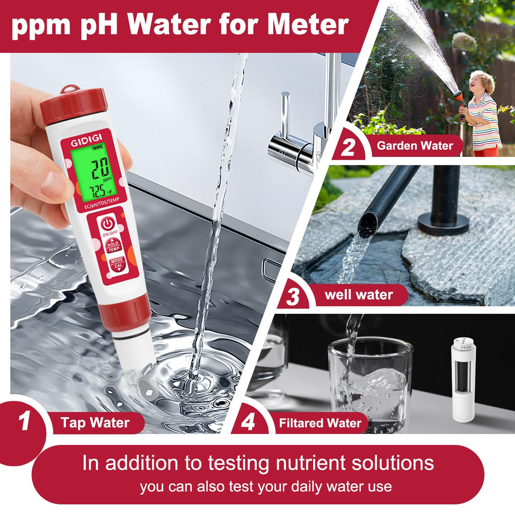 pH Meter for Water, 4 in 1 EC PPM Temp pH Tester for Hydroponic | TDS Water Tester for Drinking Water, Digital pH