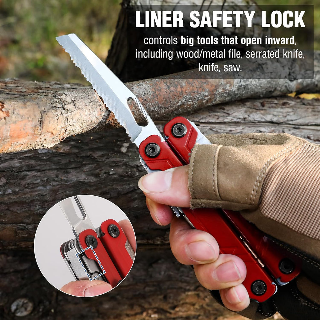 18-in-1 Multi Tool Pliers Pocket Knife, 2 Safety Locks, EDC, Red | Gifts for Men Dad Women Wife, Stainless Steel