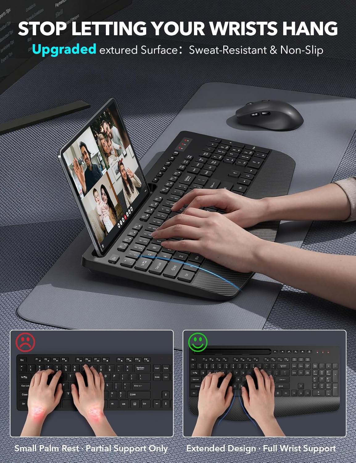 Wireless Keyboard and Mouse Combo - Full-Sized, Ergonomic Wrist Rest | Phone Holder, Sleep Mode, 2.4G Quiet Keyboard