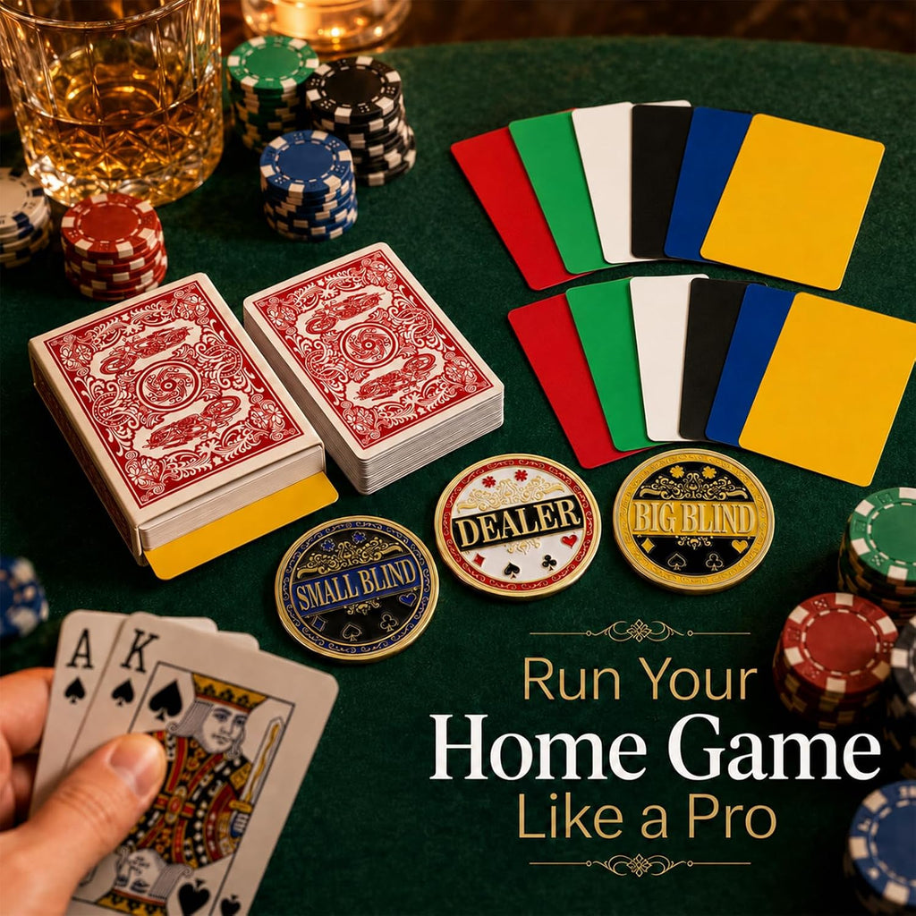 Poker Dealer Kit — Metal Dealer Button Set with 12-Pack Poker Cut Cards & Playing Cards for Texas Hold'em, Blackjack