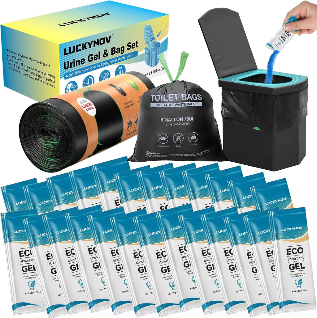 25 Portable Toilet Bags with 25 Poo Gels, 8 Gallon Leak-Proof Camping Toilet Waste Bags – Absorbent Gel Value Pack
